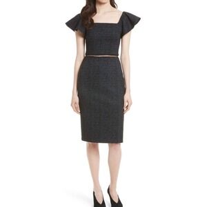 Rebecca Taylor Off-The-Shoulder‎ Sheath Dress Stretch Knit Rose Jacquard Black 2
